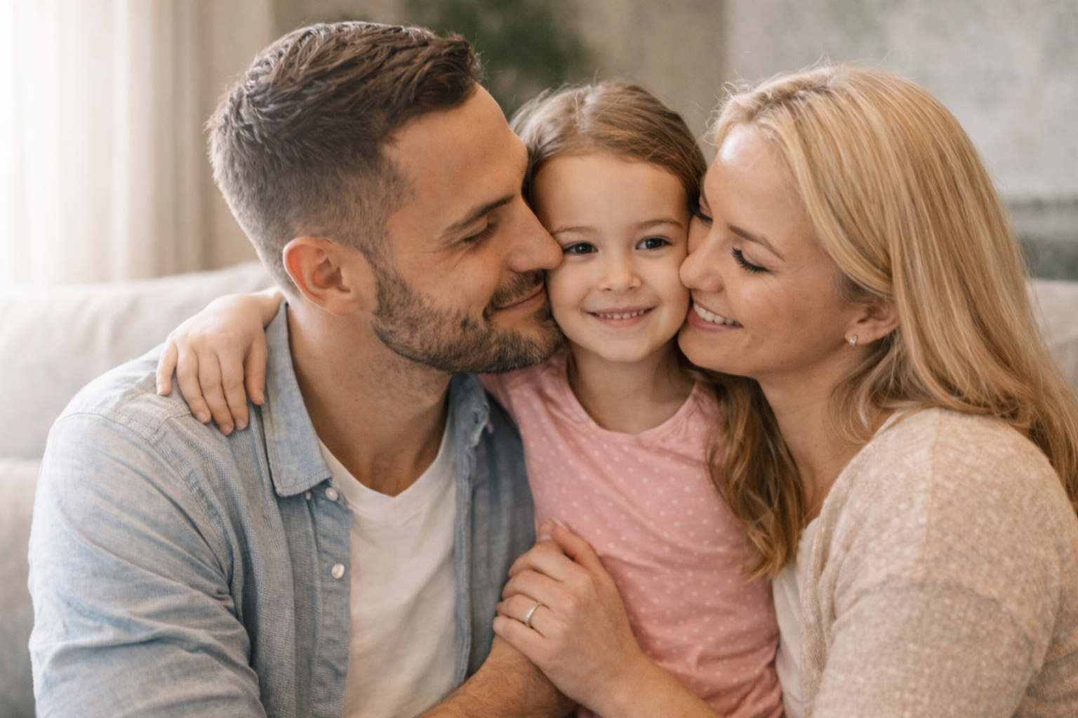 Familj som sitter tillsammans och ler